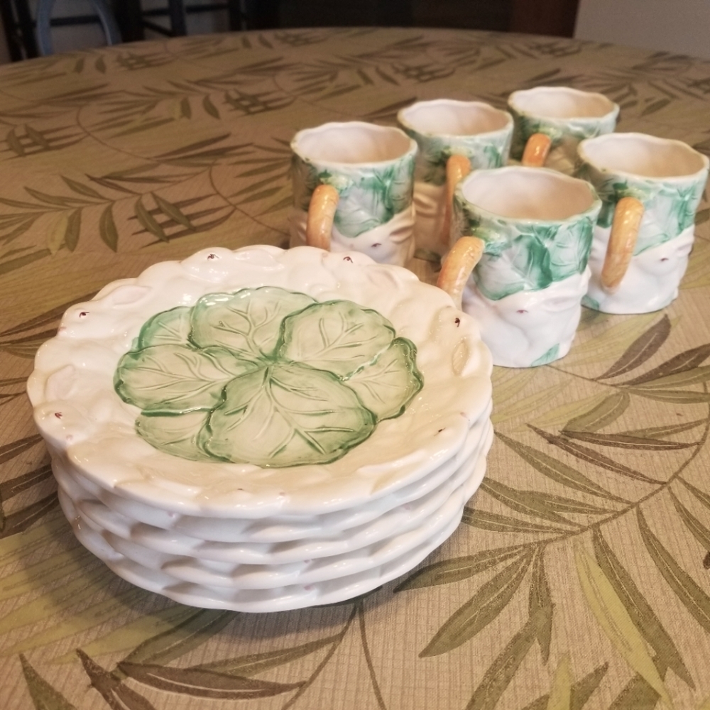 Set of five (5) bunny mugs and coordinated plates - The Haldon Group circa 1987.